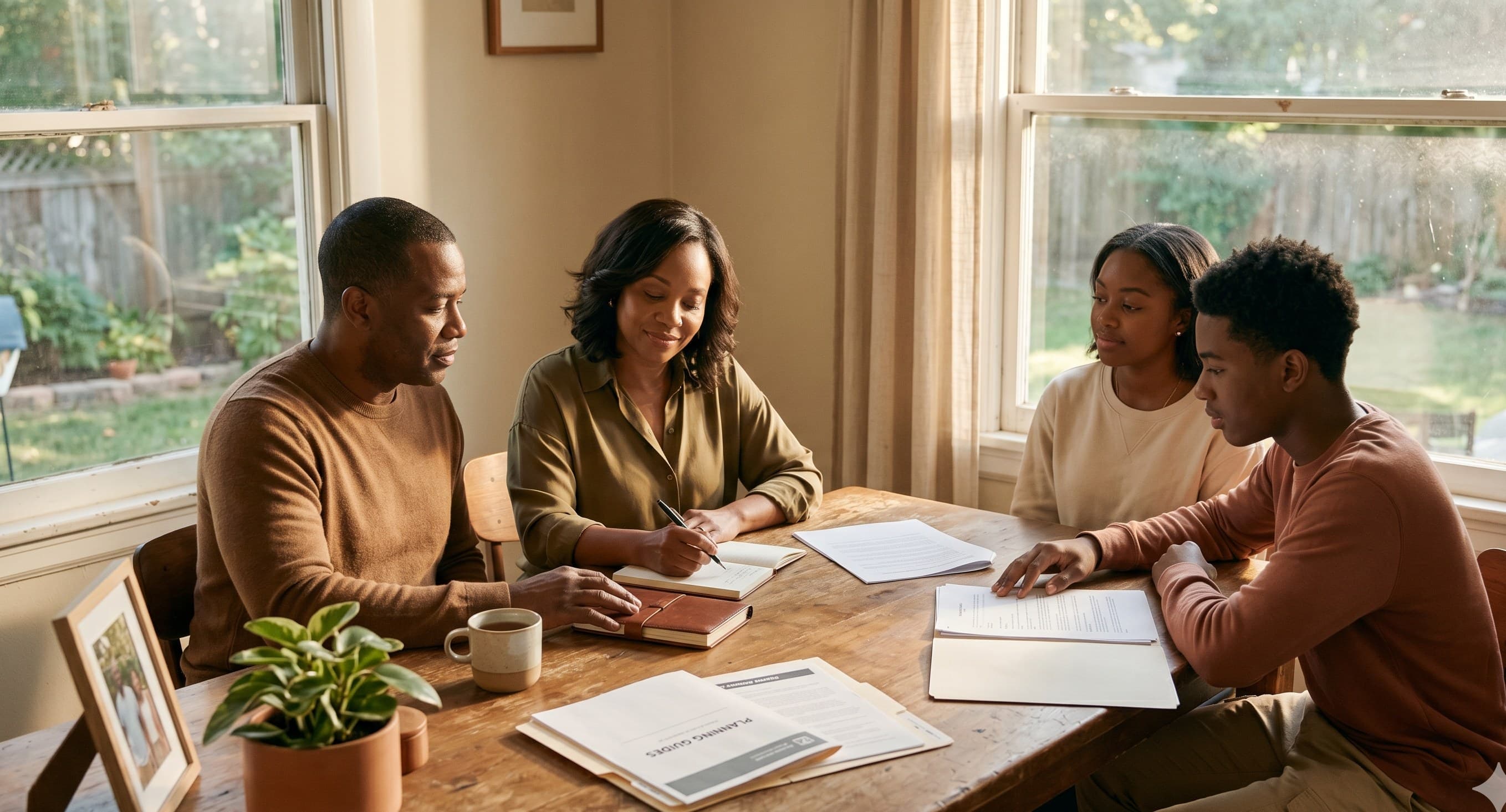 A family sitting together at a sunlit kitchen table, papers and a notebook open between them