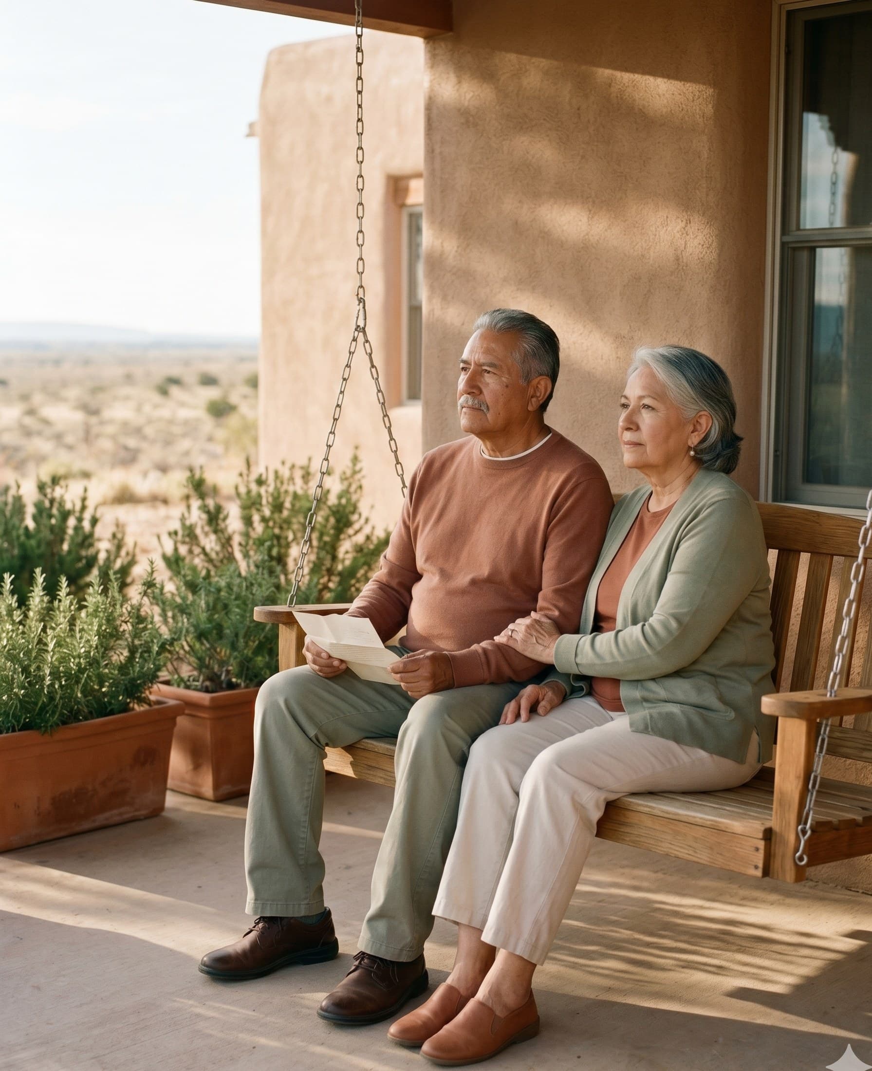 An elderly couple sitting together on an adobe porch in late afternoon desert light